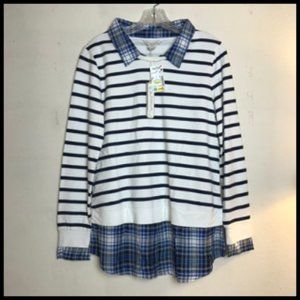 NEW!  Long Sleeve Tee Knit Top Contrasting Plaid Flannel Collar Cuffs & Hem Sz S